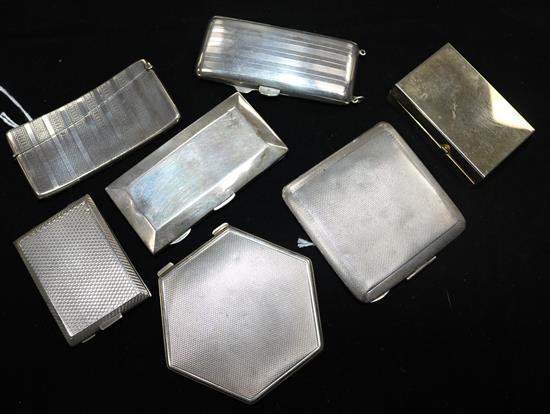Silver combination compact and cigarette case, two silver compacts, two silver cigarettes cases, a card case and a gilt matchbox holder